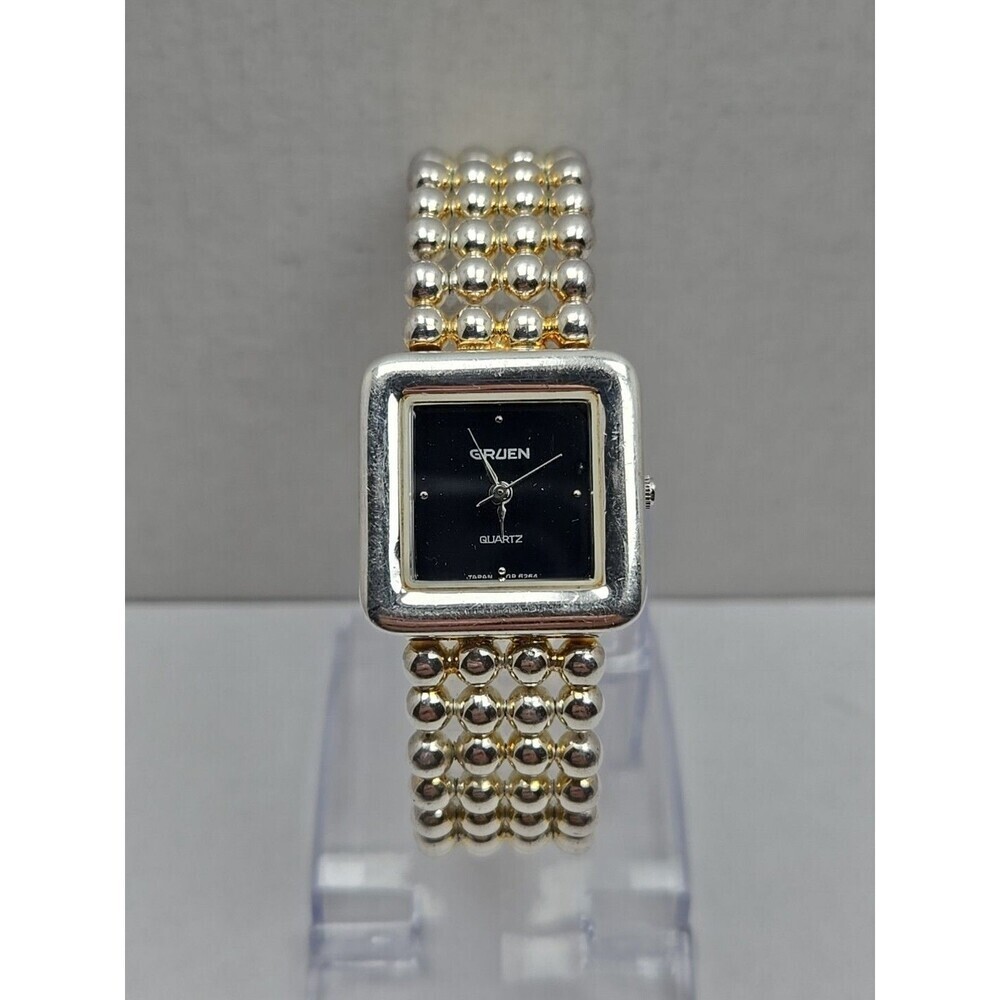 Gruen Womens Square Black Dial Quartz Watch Silver Bead Bracelet New Battery